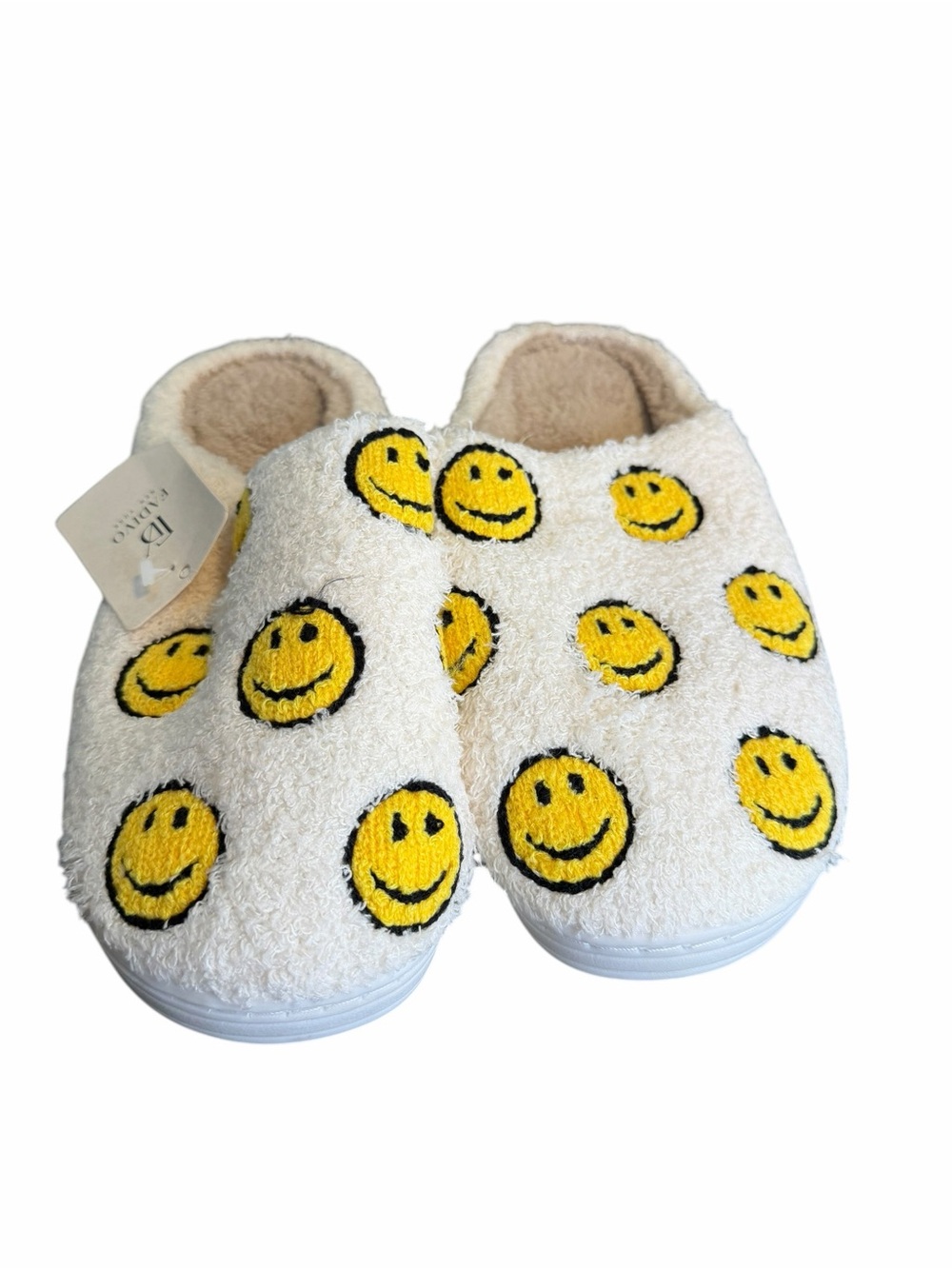 Fadivo New York Smiley Face Fuzzy House Slippers Cream Yellow 38-39 NWT
